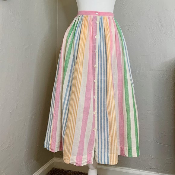Ralph Lauren Dresses & Skirts - Ralph Lauren Vintage Rainbow Colorful Stripe A Line Midi Button Up Skirt Preppy
